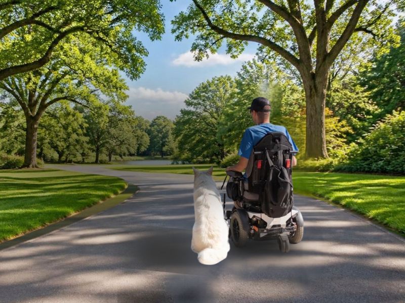 Man in a power wheelchair with his white dog on a sunny park path lined with trees