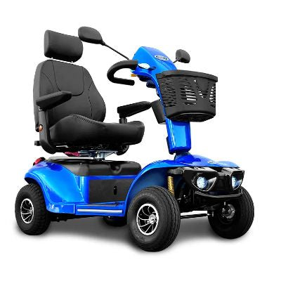Blue four-wheel mobility scooter with a padded black seat and a front basket