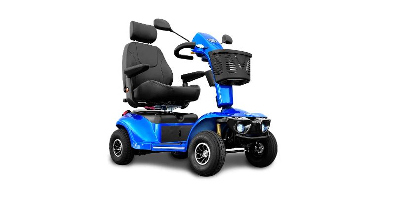 Blue four-wheel mobility scooter with a padded black seat and a front basket