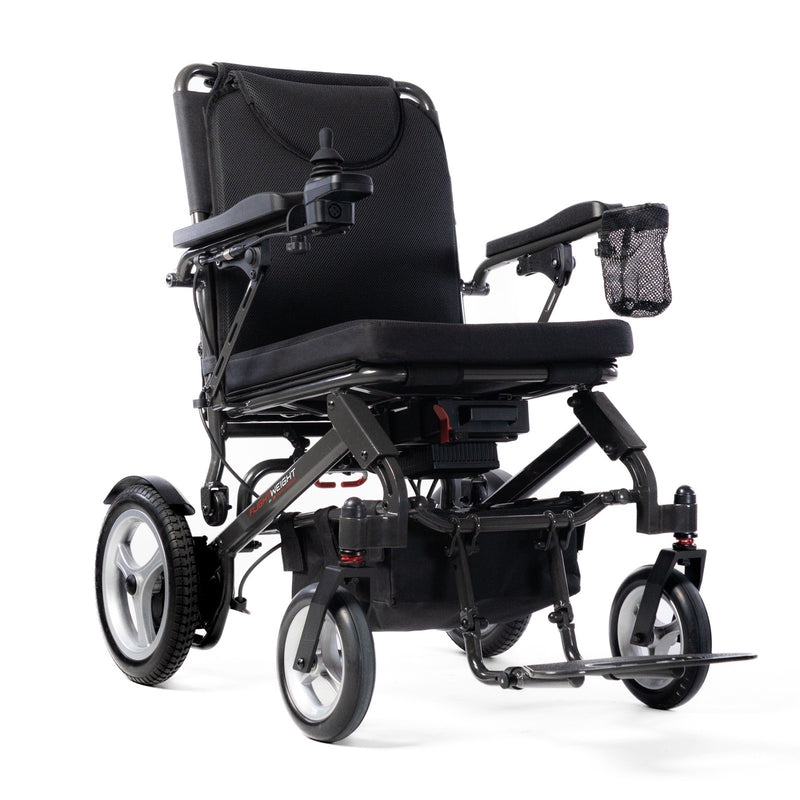 Travel Buggy DASH 3 flightweight folding electric wheelchair, right angle view with black seat and armrests