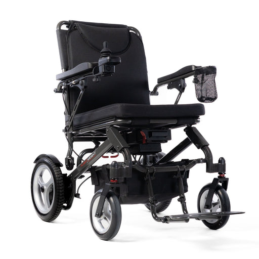 Travel Buggy DASH 3 flightweight folding electric wheelchair, right angle view with black seat and armrests
