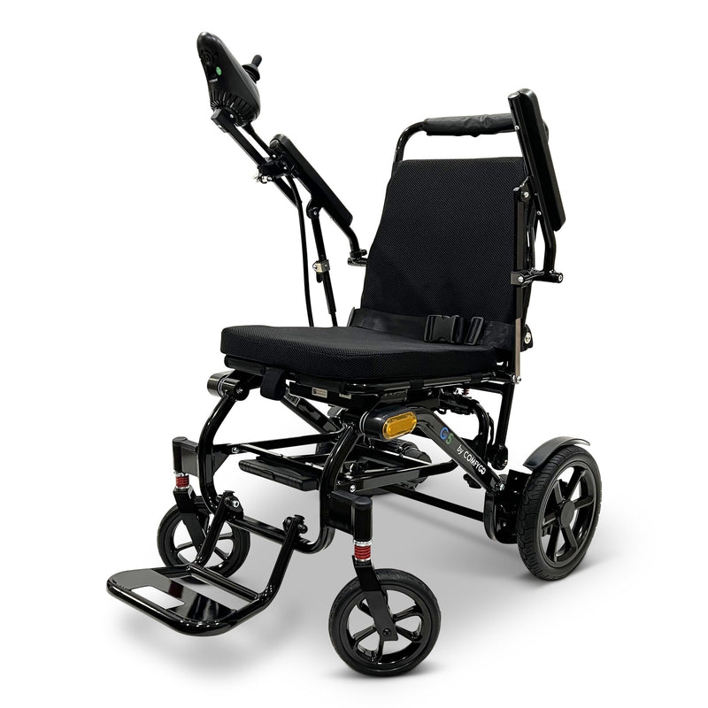 ComfyGo G5 foldable electric wheelchair, black, front three-quarter view