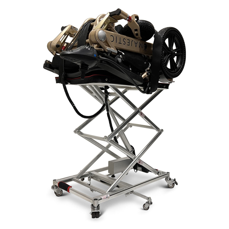 ComfyGO GO-Lift portable wheelchair and scooter lift, raised with a folded power wheelchair on the platform, angled view