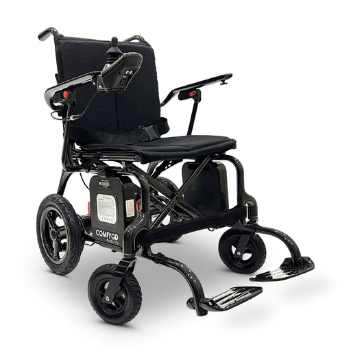 ComfyGo Phoenix carbon fiber folding electric wheelchair, standard black cushion, front three-quarter view