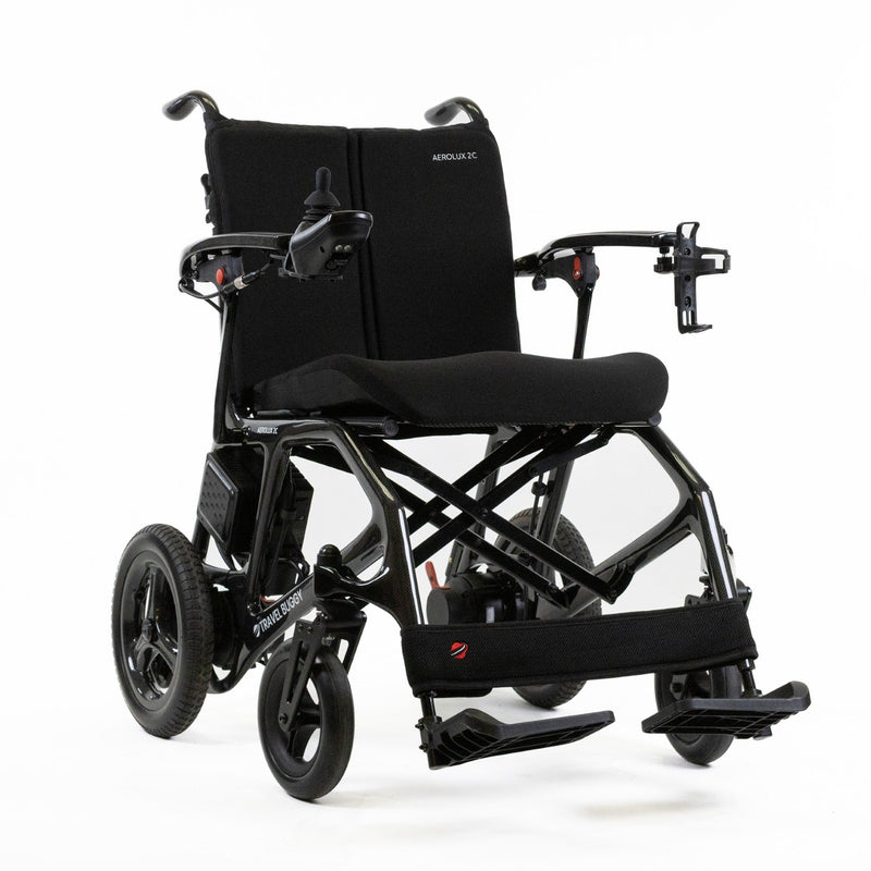 Travel Buggy Aerolux 2C folding power chair, carbon black, front three-quarter view