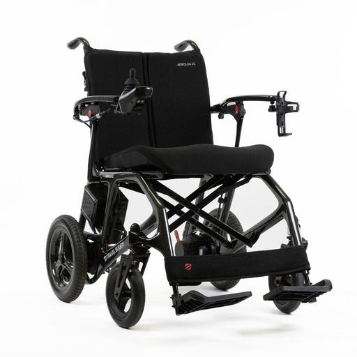 Travel Buggy Aerolux 2C folding power chair, carbon black, front three-quarter view