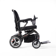 Travel Buggy DASH 3 folding electric wheelchair, right side view showing footrest and joystick