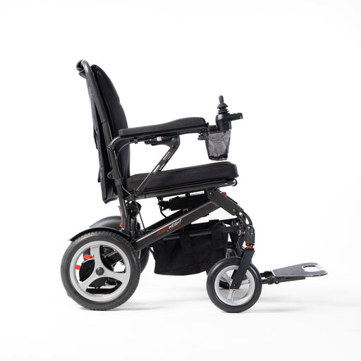 Travel Buggy DASH 3 folding electric wheelchair, right side view showing footrest and joystick