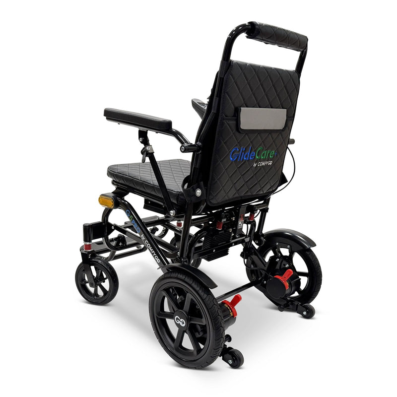 ComfyGo G5 Pro lightweight foldable electric wheelchair, black, rear three-quarter view showing the backrest pocket