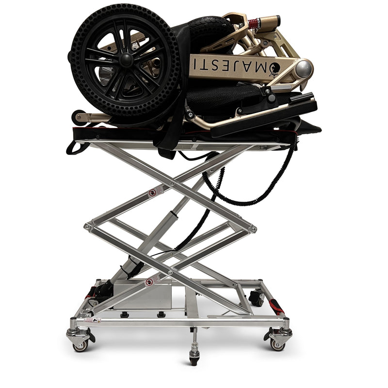 ComfyGO GO-Lift portable lift raised with a folded power wheelchair on the platform, side view