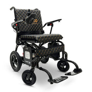 ComfyGo Phoenix carbon fiber folding electric wheelchair, black quilted textile cushion, front three-quarter view
