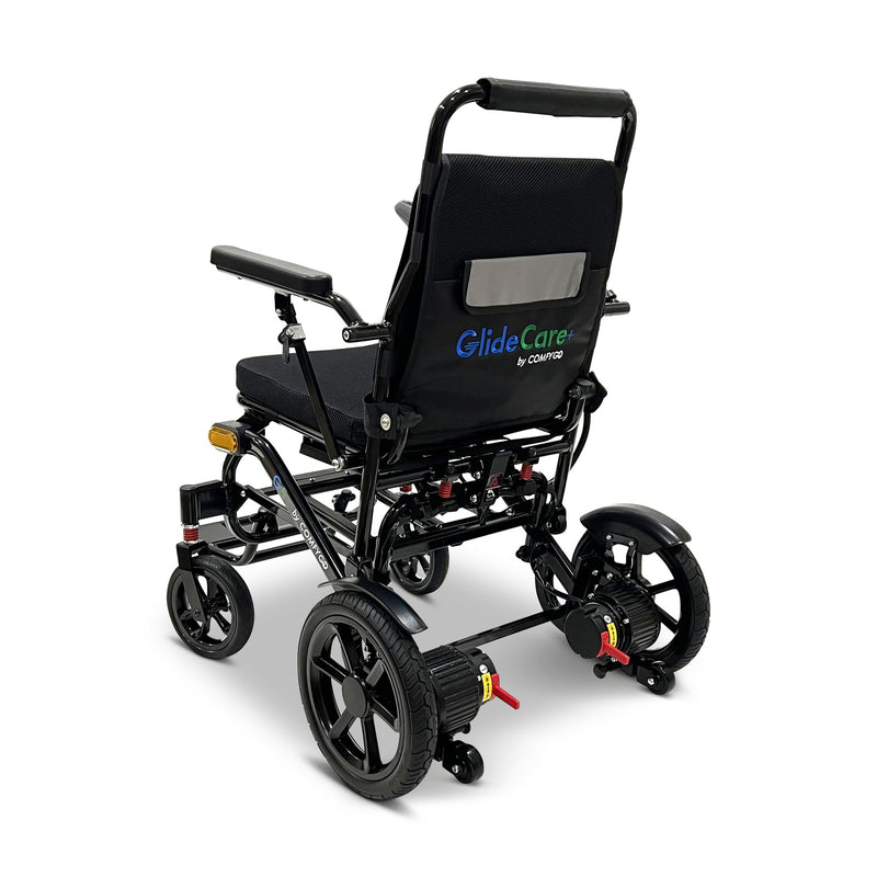 ComfyGo G5 foldable electric wheelchair, black, rear three-quarter view showing the backrest pocket