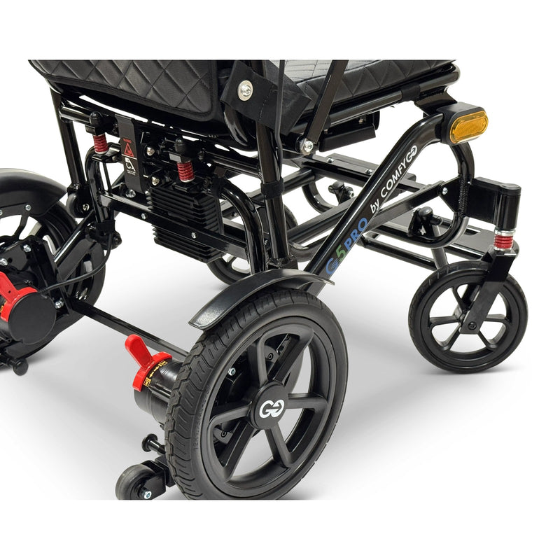 Close-up of the ComfyGo G5 Pro frame, rear wheel and front caster