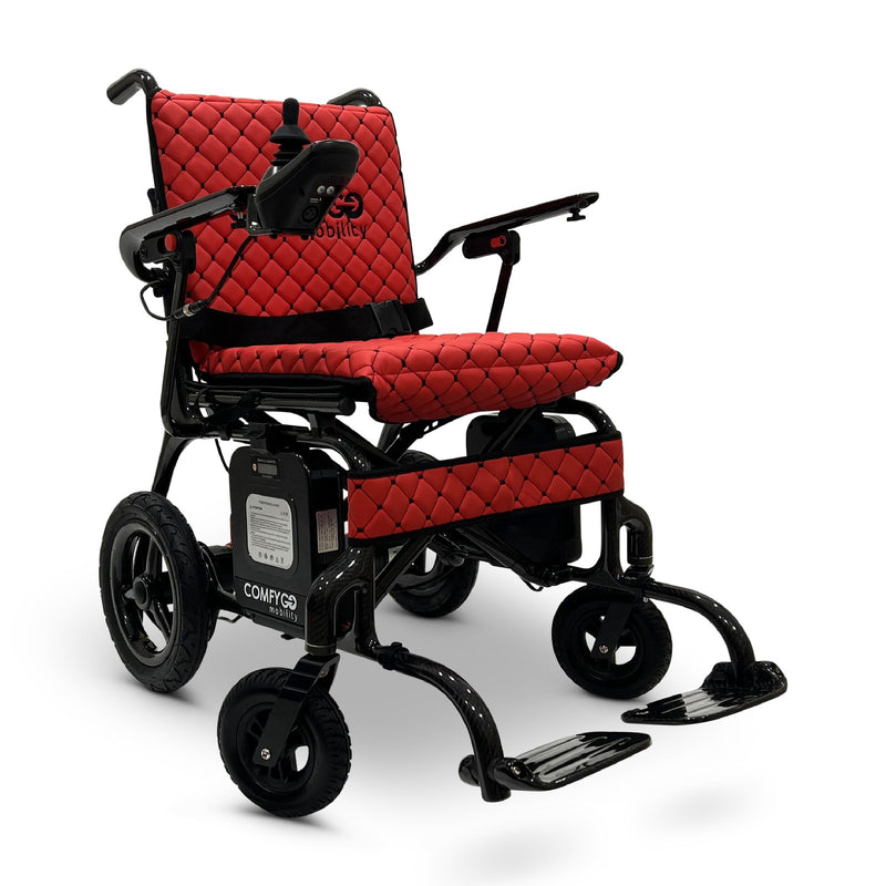 ComfyGo Phoenix carbon fiber folding electric wheelchair, red quilted textile cushion, front three-quarter view