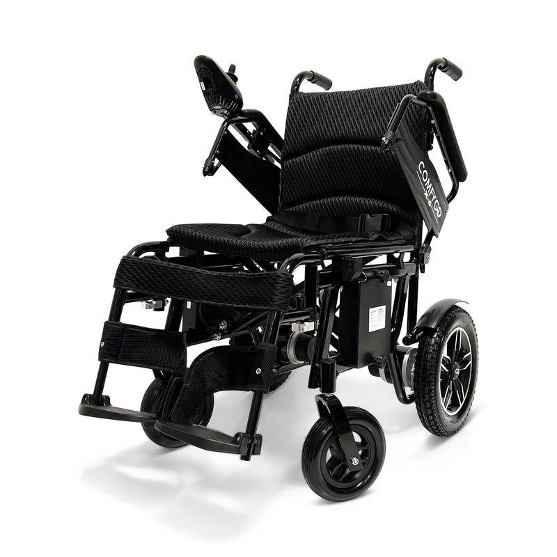 ComfyGo X-6 electric wheelchair, black frame, joystick armrest raised