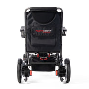 Travel Buggy DASH 3 folding electric wheelchair, back view with Flightweight logo on backrest