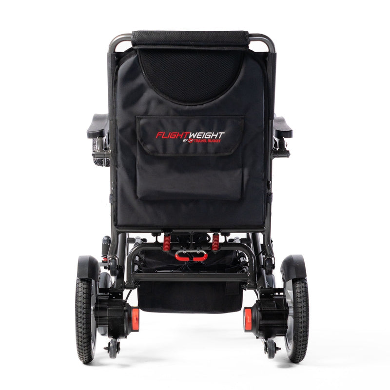 Travel Buggy DASH 3 folding electric wheelchair, back view with Flightweight logo on backrest