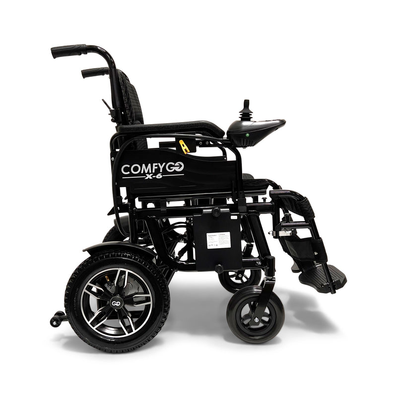 ComfyGo X-6 electric wheelchair, black frame, side view