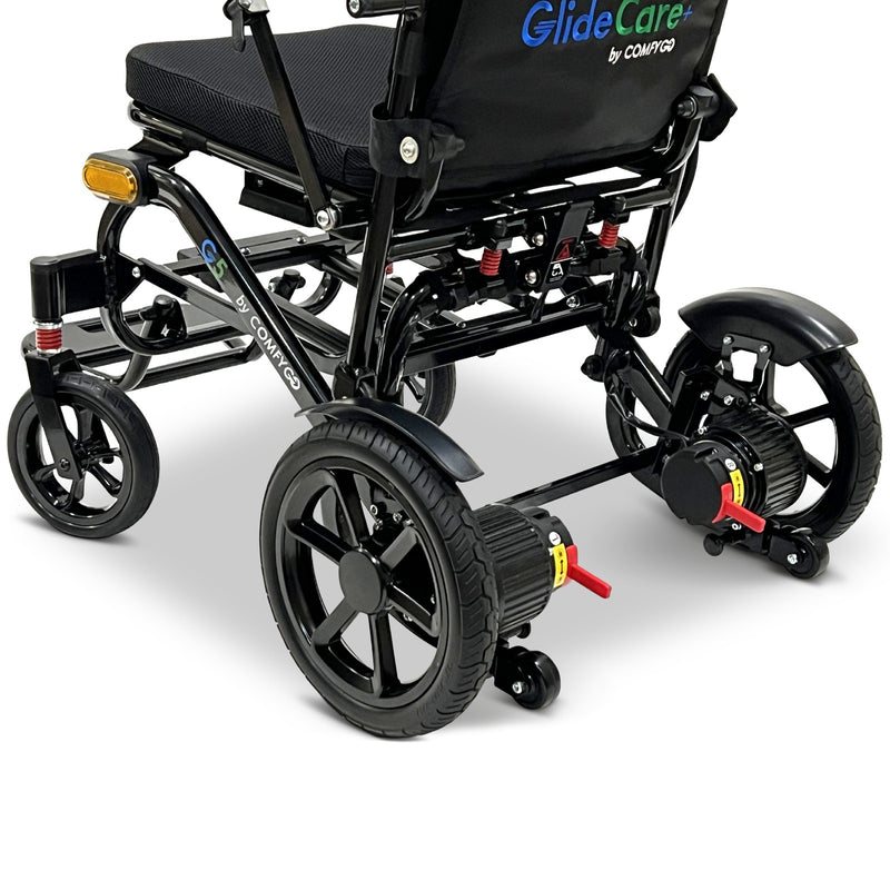 Close-up of the ComfyGo G5 electric wheelchair rear wheel and frame