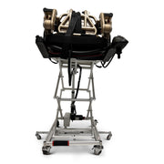 ComfyGO GO-Lift portable lift raised with a folded power wheelchair on the platform, rear view
