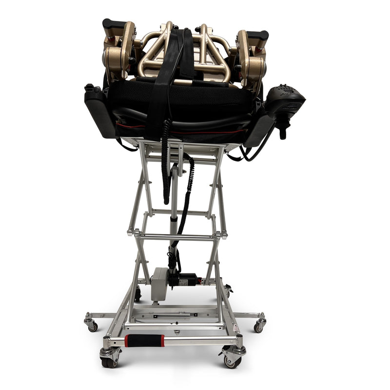 ComfyGO GO-Lift portable lift raised with a folded power wheelchair on the platform, rear view