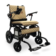ComfyGo Phoenix carbon fiber folding electric wheelchair, coffee quilted textile cushion, front three-quarter view