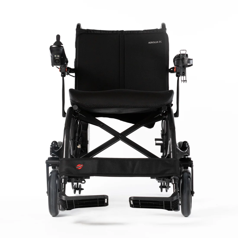 Travel Buggy Aerolux 2C folding power chair, carbon black, front view