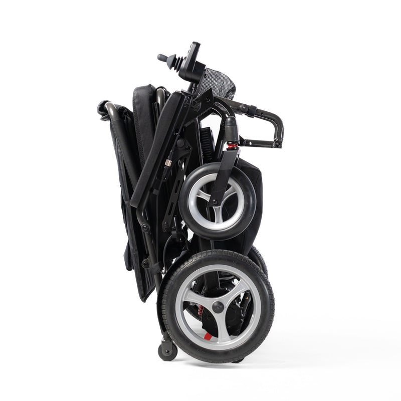 Travel Buggy DASH 3 electric wheelchair folded compactly, side view