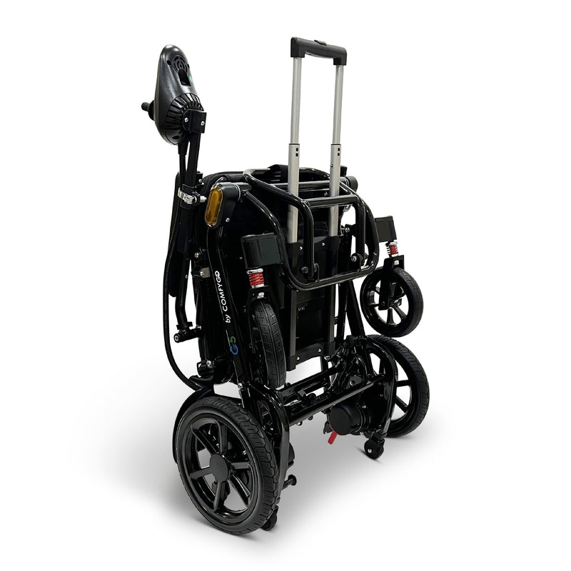 ComfyGo G5 electric wheelchair folded with the pull handle raised, front view