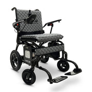 ComfyGo Phoenix carbon fiber folding electric wheelchair, gray quilted textile cushion, front three-quarter view