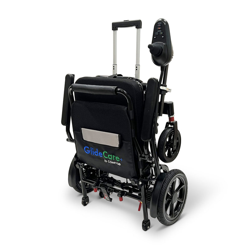 ComfyGo G5 electric wheelchair folded with the pull handle raised, rear view