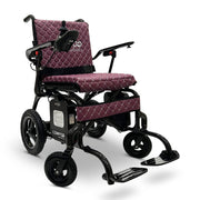 ComfyGo Phoenix carbon fiber folding electric wheelchair, purple quilted textile cushion, front three-quarter view