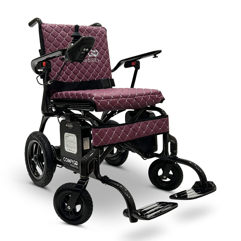 ComfyGo Phoenix carbon fiber folding electric wheelchair, purple quilted textile cushion, front three-quarter view