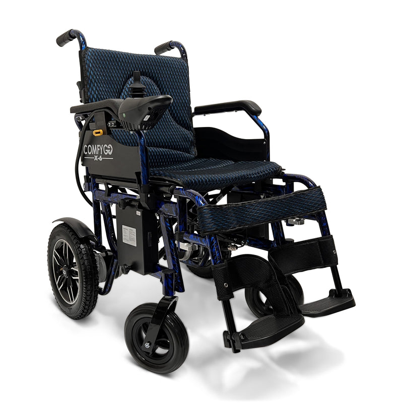 ComfyGo X-6 electric wheelchair, blue frame, front three-quarter view