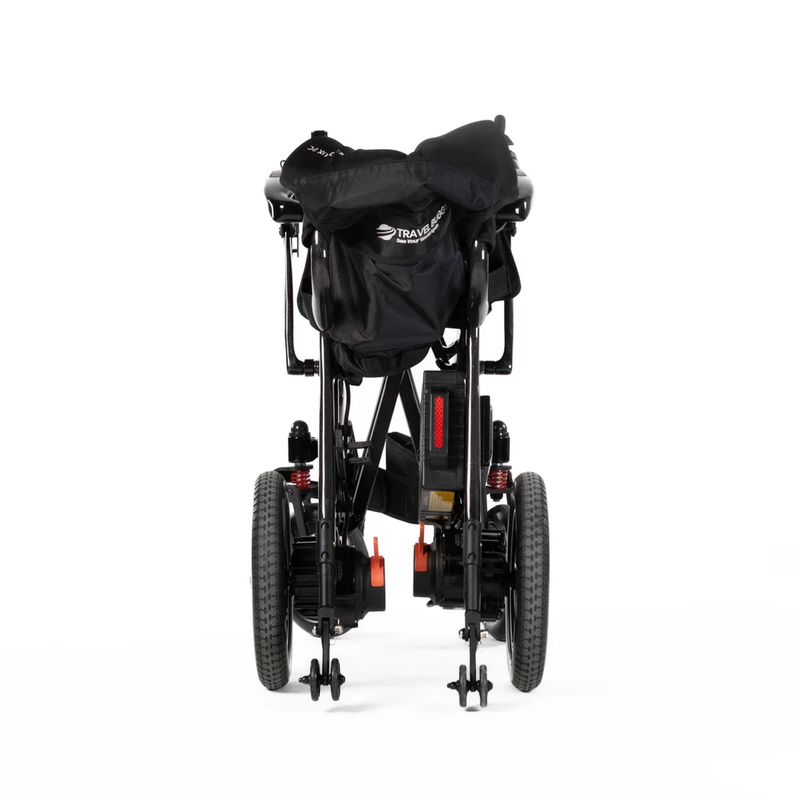 Travel Buggy Aerolux 2C power chair folded and standing upright, rear view