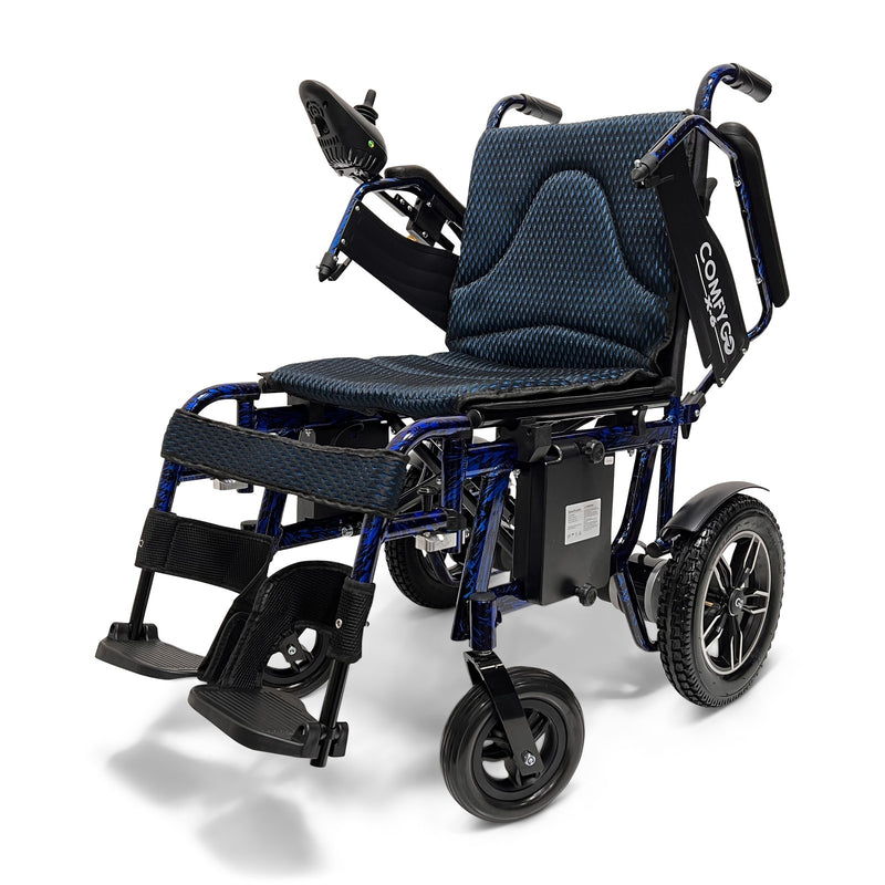ComfyGo X-6 electric wheelchair, blue frame, joystick armrest raised