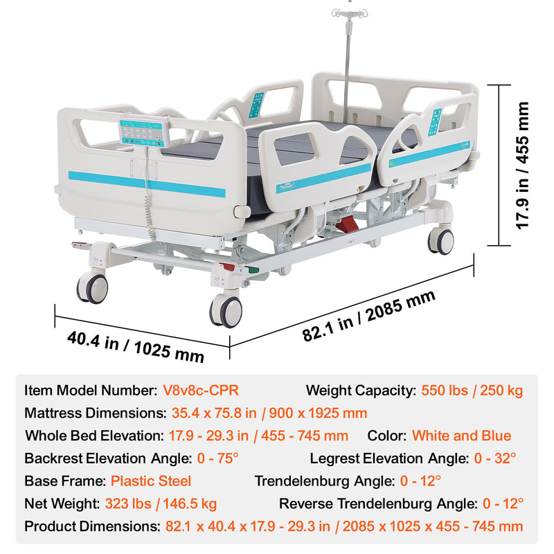 Premium 5 Function Full Electric Hospital Bed with Cardiac Position 550LBS