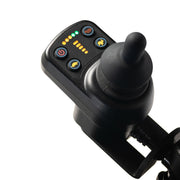 Close-up of the Travel Buggy DASH 3 joystick controller with speed and battery indicator buttons