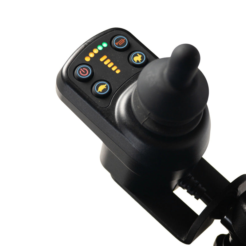 Close-up of the Travel Buggy DASH 3 joystick controller with speed and battery indicator buttons