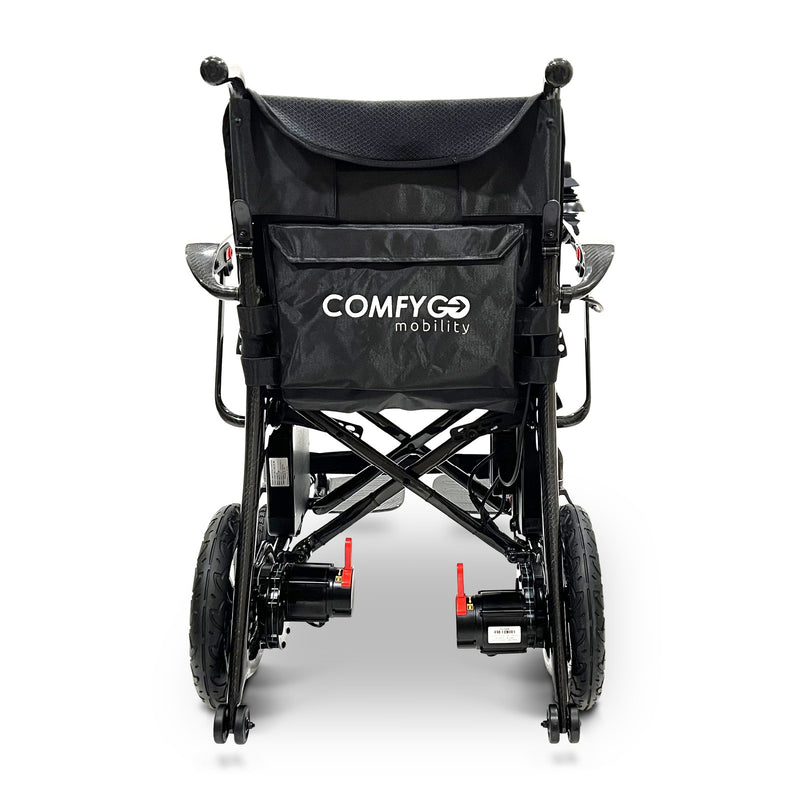 ComfyGo Phoenix carbon fiber folding electric wheelchair, rear view showing the backrest pocket