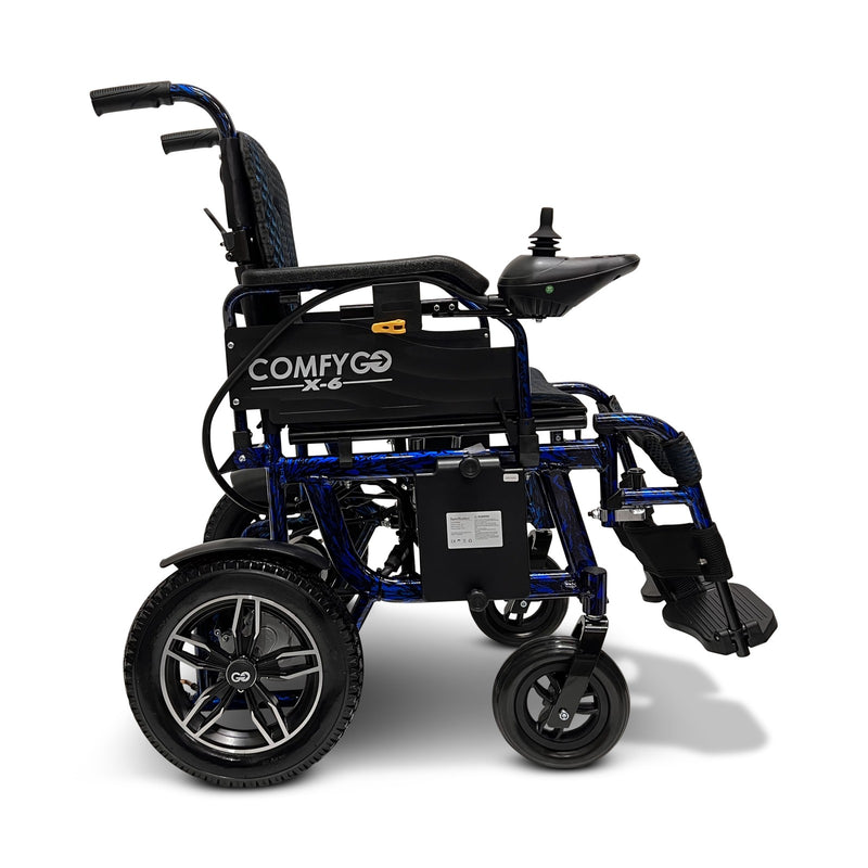 ComfyGo X-6 electric wheelchair, blue frame, side view