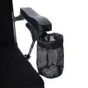 Close-up of the Travel Buggy DASH 3 armrest with mesh cup holder