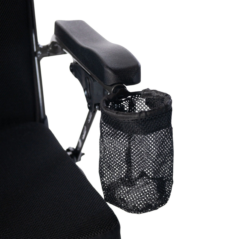 Close-up of the Travel Buggy DASH 3 armrest with mesh cup holder