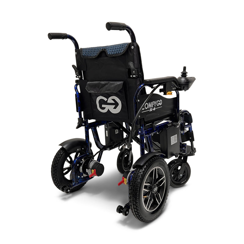 ComfyGo X-6 electric wheelchair, blue frame, rear three-quarter view