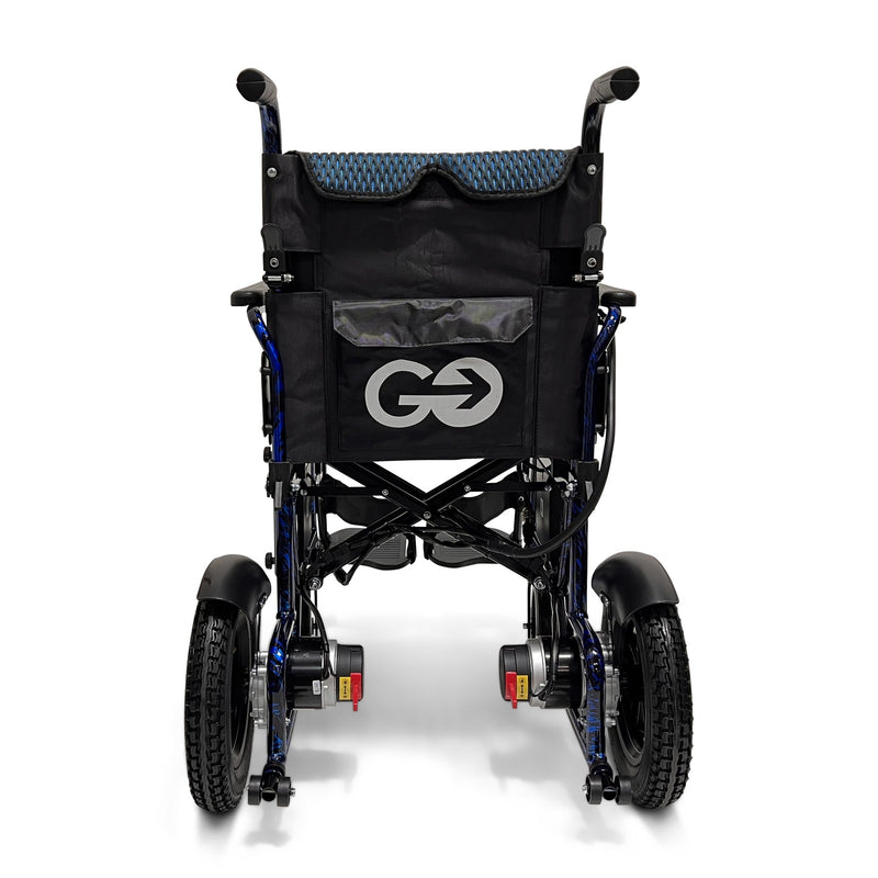 ComfyGo X-6 electric wheelchair, blue frame, rear view