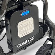 Close-up of the Phoenix electric wheelchair battery pack with charge indicator