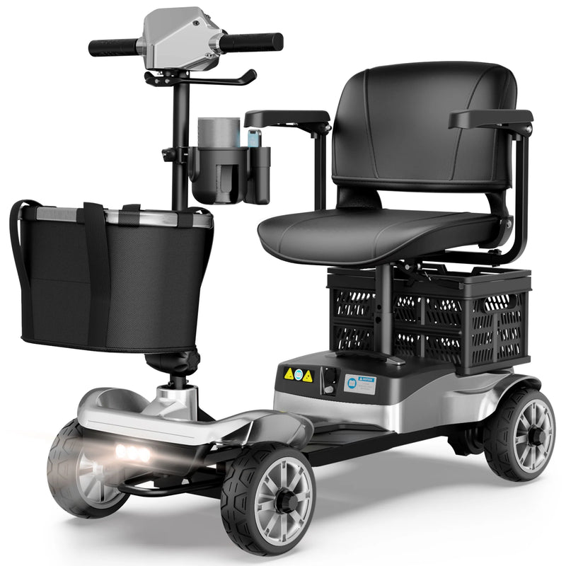 Upgrade 4 Wheels Mobility Scooter with Removable Battery, Compact Heavy Duty Mobile for Travel, Foldable Powered Wheelchair for Adult, 330Lbs, Silver