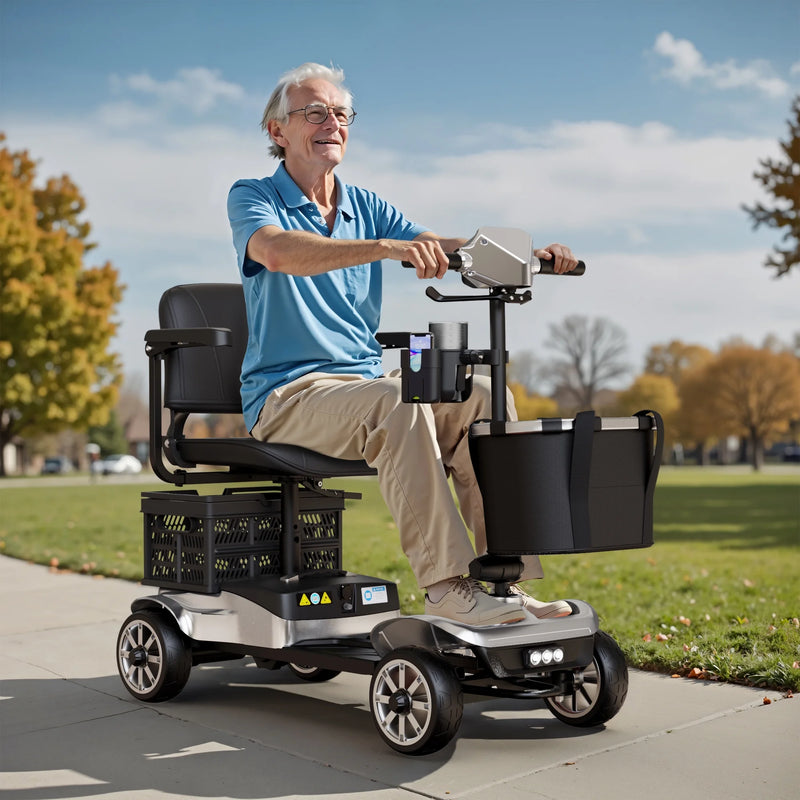 Upgrade 4 Wheels Mobility Scooter with Removable Battery, Compact Heavy Duty Mobile for Travel, Foldable Powered Wheelchair for Adult, 330Lbs, Silver