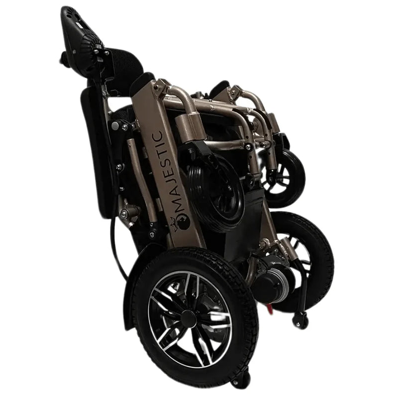 ComfyGO MAJESTIC IQ-8000 electric wheelchair, black frame with red textile seat, side angle view