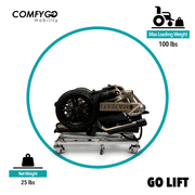 Animation of the ComfyGO GO-Lift raising a folded wheelchair, with 100 lb max load and 25 lb net weight